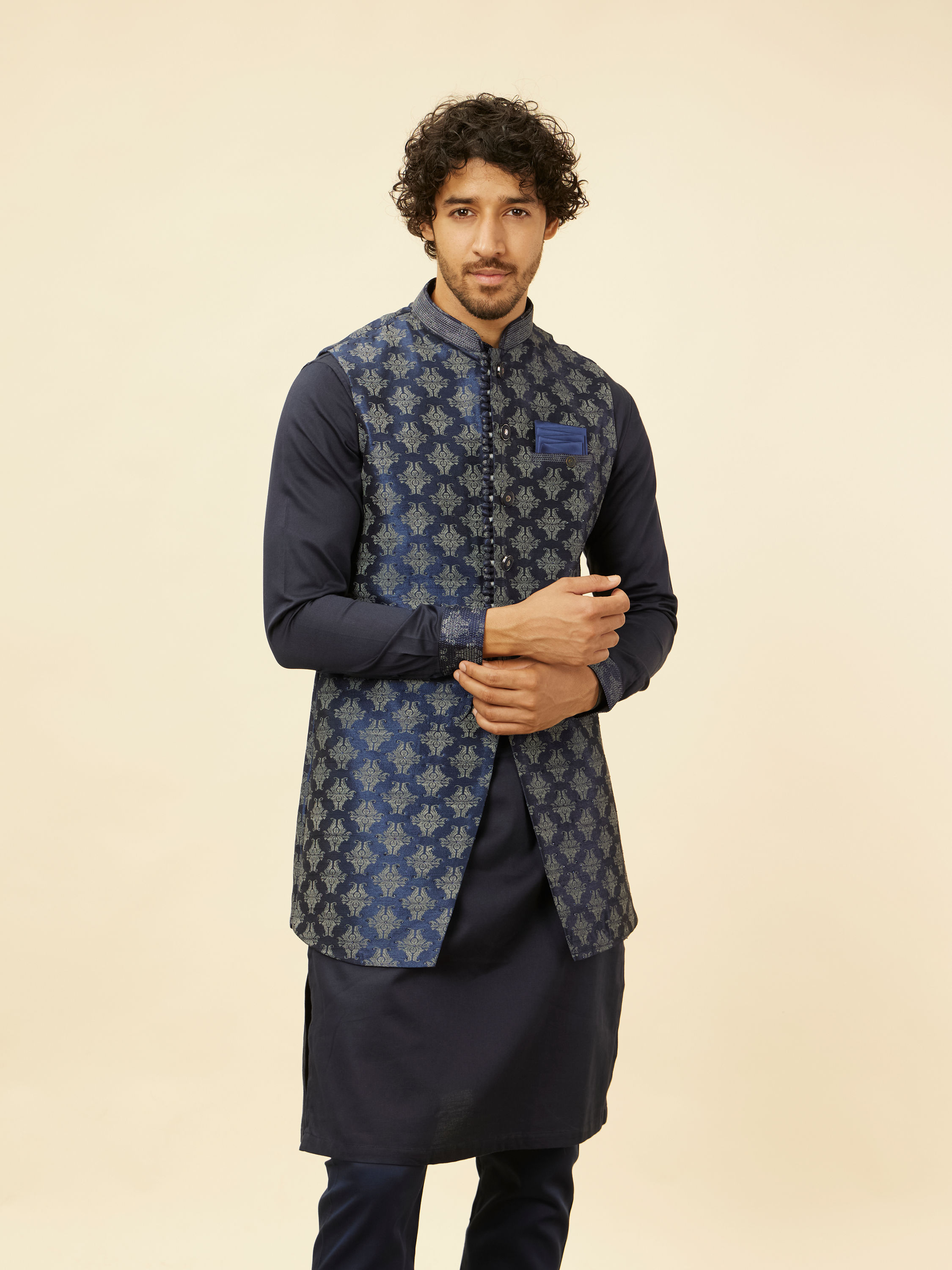 Manyavar Men Navy Blue Imperial Jaal Patterned Kurta Jacket Set