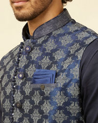 Manyavar Men Navy Blue Imperial Jaal Patterned Kurta Jacket Set