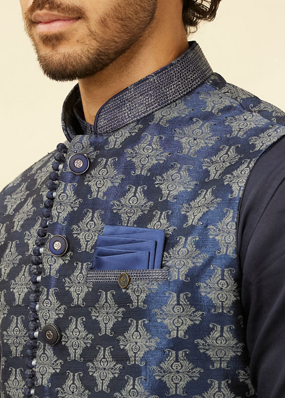 Manyavar Men Navy Blue Imperial Jaal Patterned Kurta Jacket Set