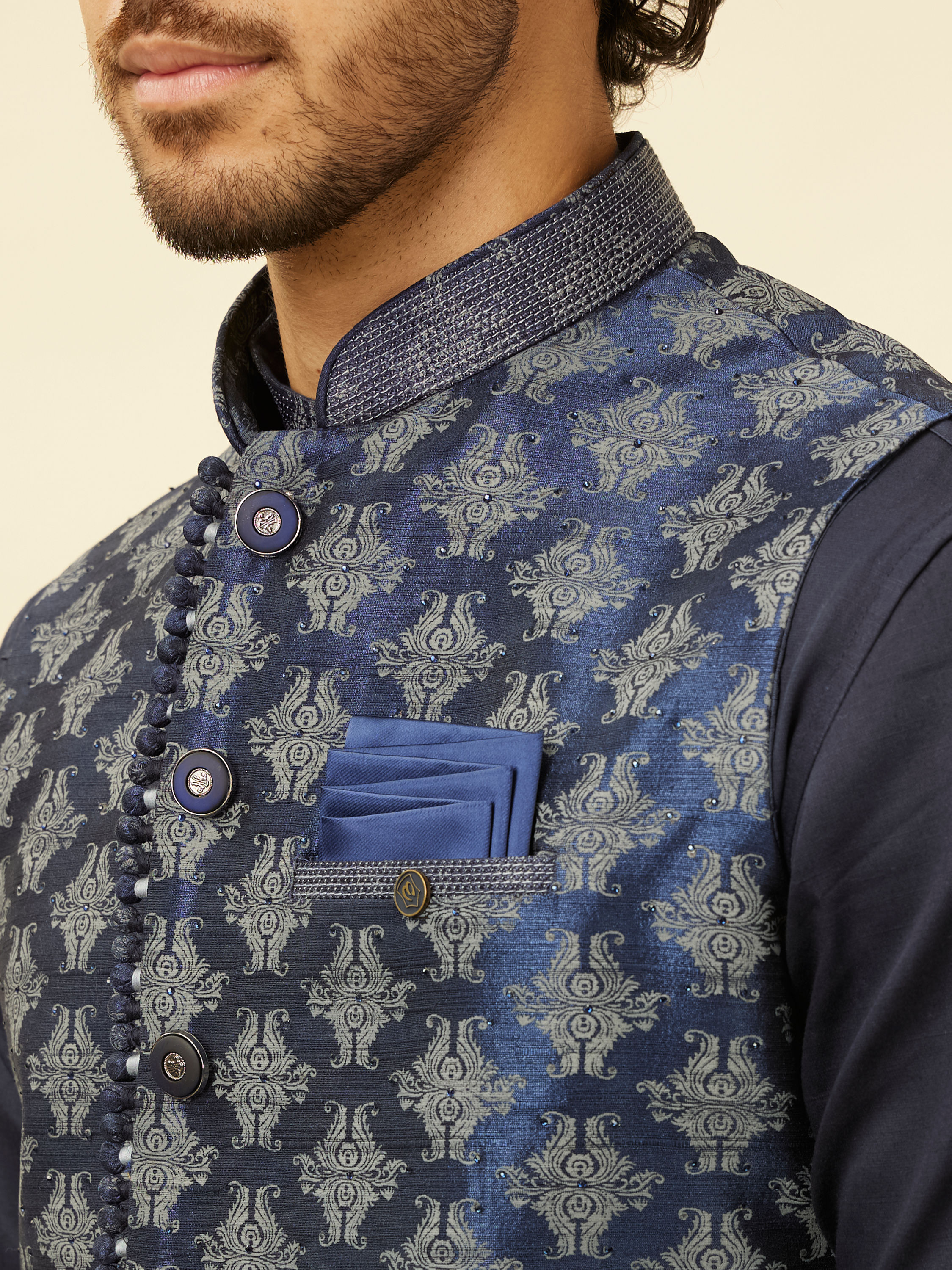 Manyavar Men Navy Blue Imperial Jaal Patterned Kurta Jacket Set