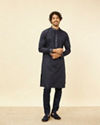 alt message - Manyavar Men Navy Blue Imperial Jaal Patterned Kurta Jacket Set image number 2