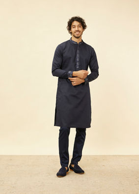 alt message - Manyavar Men Navy Blue Imperial Jaal Patterned Kurta Jacket Set image number 2