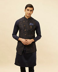 Manyavar Men Deep Blue Bel Buti Patterned Asymmetric Hem Kurta Jacket Set