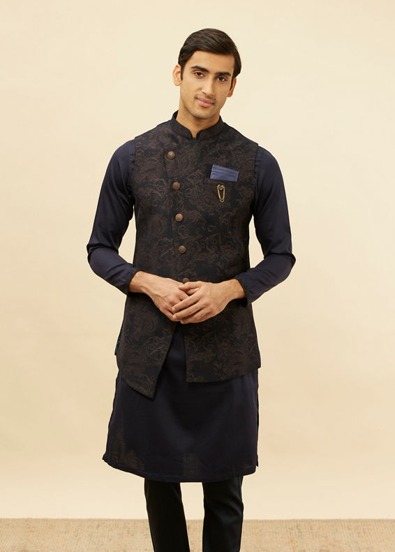 Manyavar Men Deep Blue Bel Buti Patterned Asymmetric Hem Kurta Jacket Set