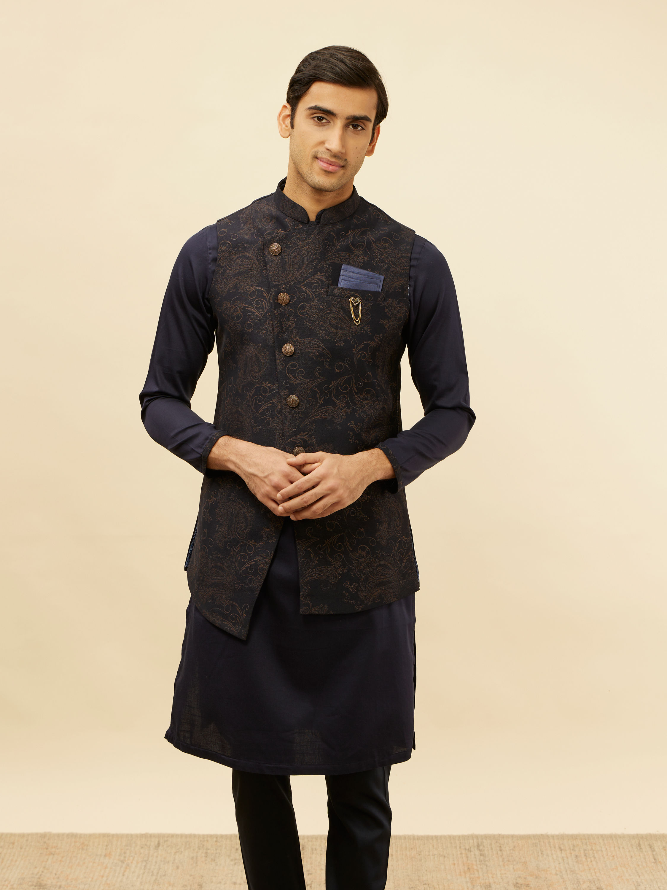 Manyavar Men Deep Blue Bel Buti Patterned Asymmetric Hem Kurta Jacket Set