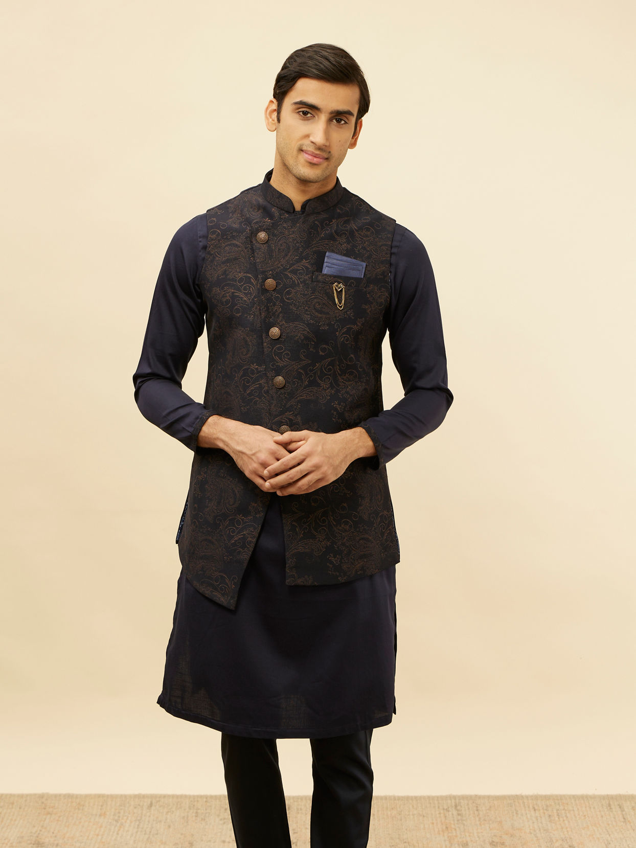 Manyavar Men Deep Blue Bel Buti Patterned Asymmetric Hem Kurta Jacket Set image number 0