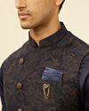 Manyavar Men Deep Blue Bel Buti Patterned Asymmetric Hem Kurta Jacket Set image number 1