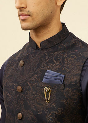 alt message - Manyavar Men Deep Blue Bel Buti Patterned Asymmetric Hem Kurta Jacket Set image number 1