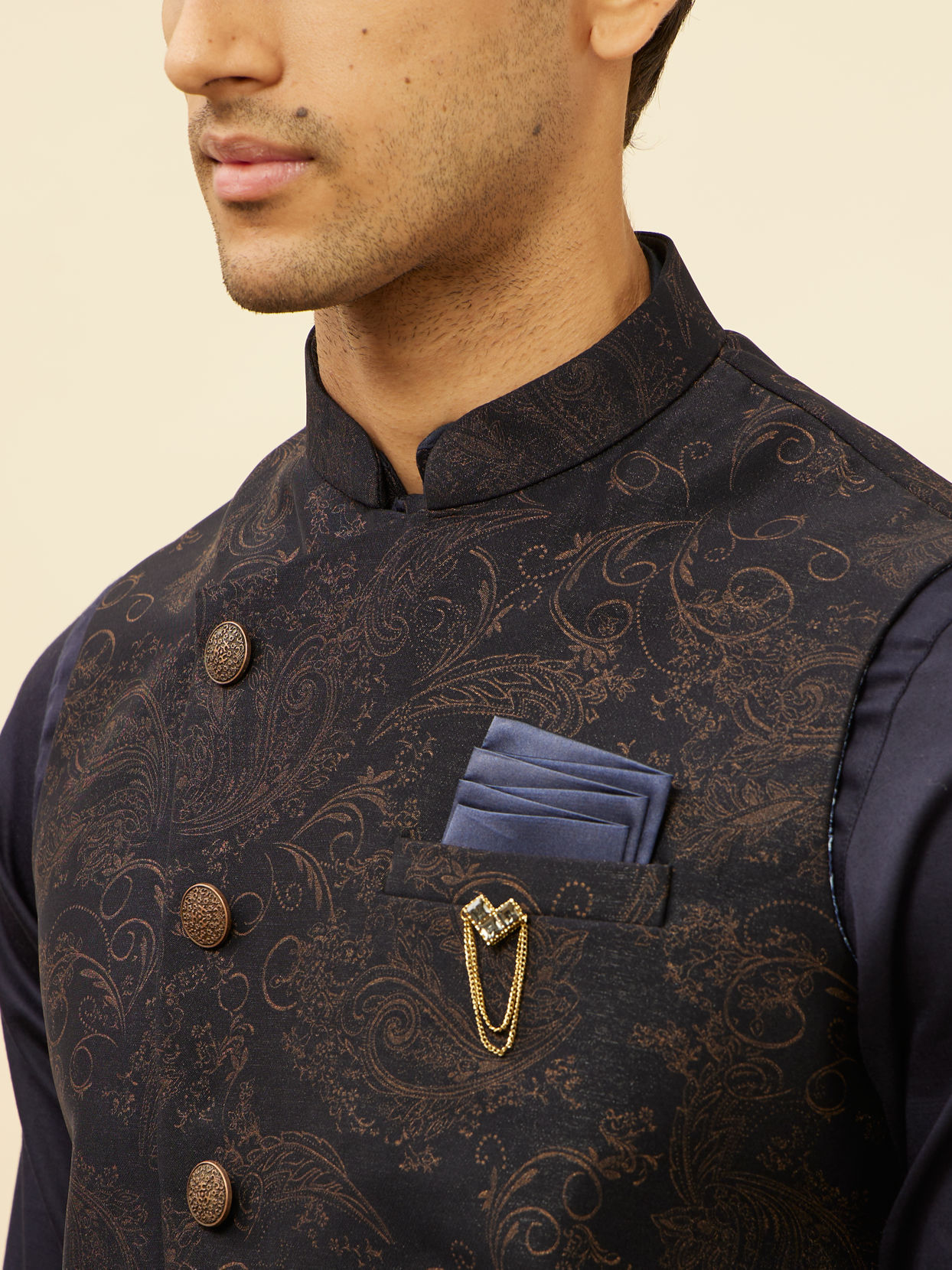 Manyavar Men Deep Blue Bel Buti Patterned Asymmetric Hem Kurta Jacket Set image number 1