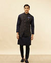 Manyavar Men Deep Blue Bel Buti Patterned Asymmetric Hem Kurta Jacket Set