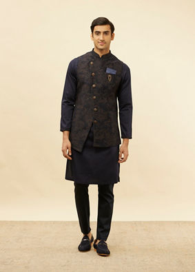 alt message - Manyavar Men Deep Blue Bel Buti Patterned Asymmetric Hem Kurta Jacket Set image number 2