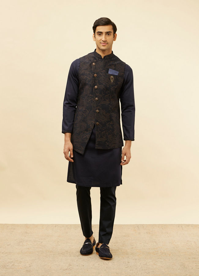 Manyavar Men Deep Blue Bel Buti Patterned Asymmetric Hem Kurta Jacket Set image number 2