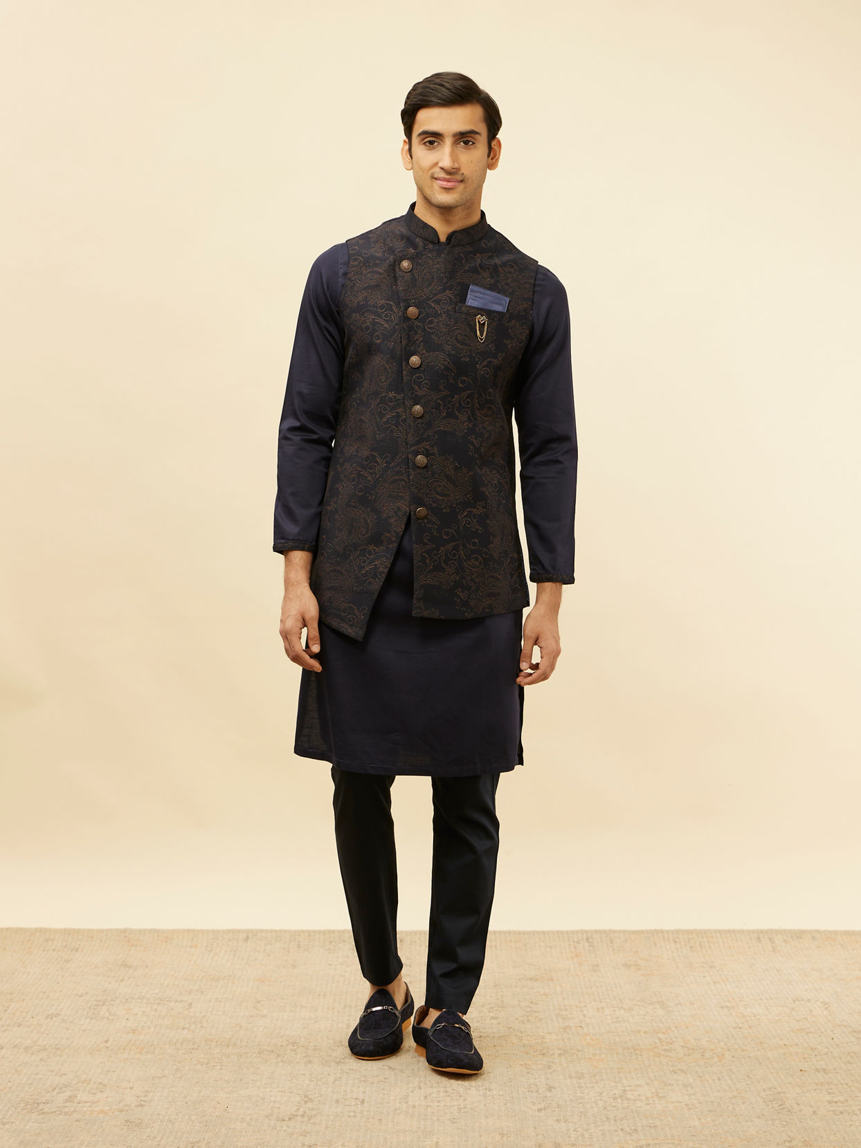 Manyavar Men Deep Blue Bel Buti Patterned Asymmetric Hem Kurta Jacket Set