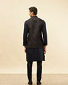 Manyavar Men Deep Blue Bel Buti Patterned Asymmetric Hem Kurta Jacket Set