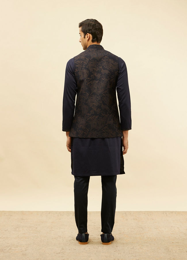 Manyavar Men Deep Blue Bel Buti Patterned Asymmetric Hem Kurta Jacket Set