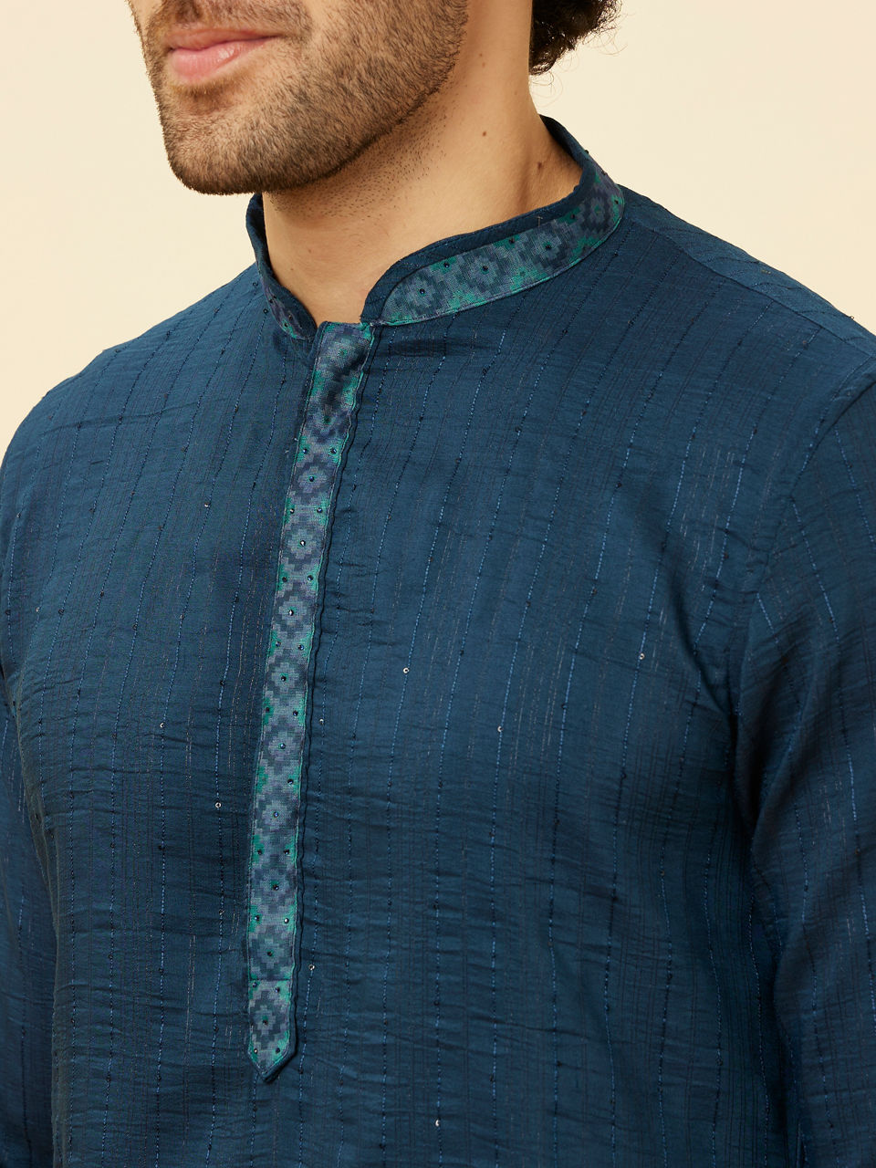 Manyavar Men Teal Blue Luxe Kurta Jacket Set