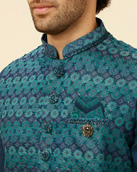 Manyavar Men Teal Blue Luxe Kurta Jacket Set