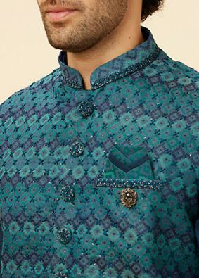 Manyavar Men Teal Blue Luxe Kurta Jacket Set image number 1