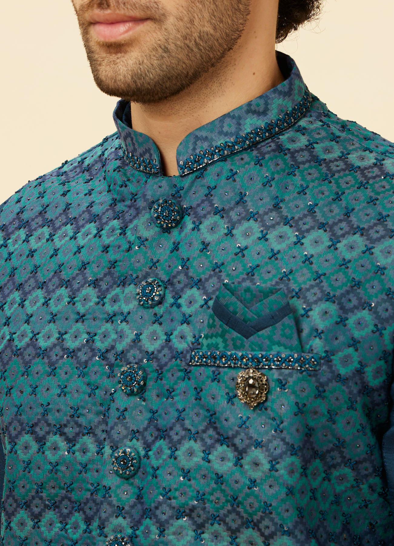 Manyavar Men Teal Blue Luxe Kurta Jacket Set