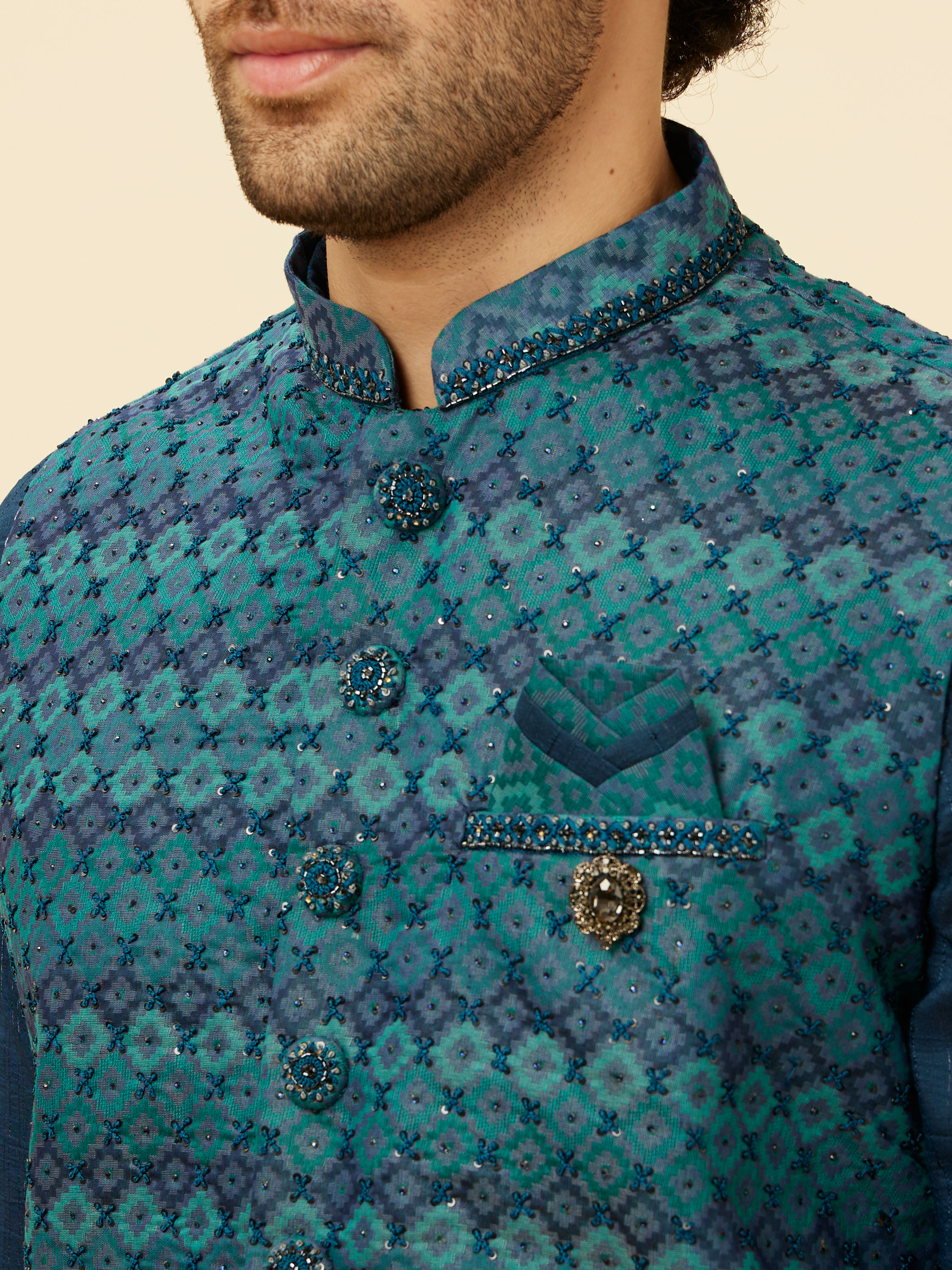 Manyavar Men Teal Blue Luxe Kurta Jacket Set