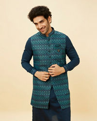 Manyavar Men Teal Blue Luxe Kurta Jacket Set