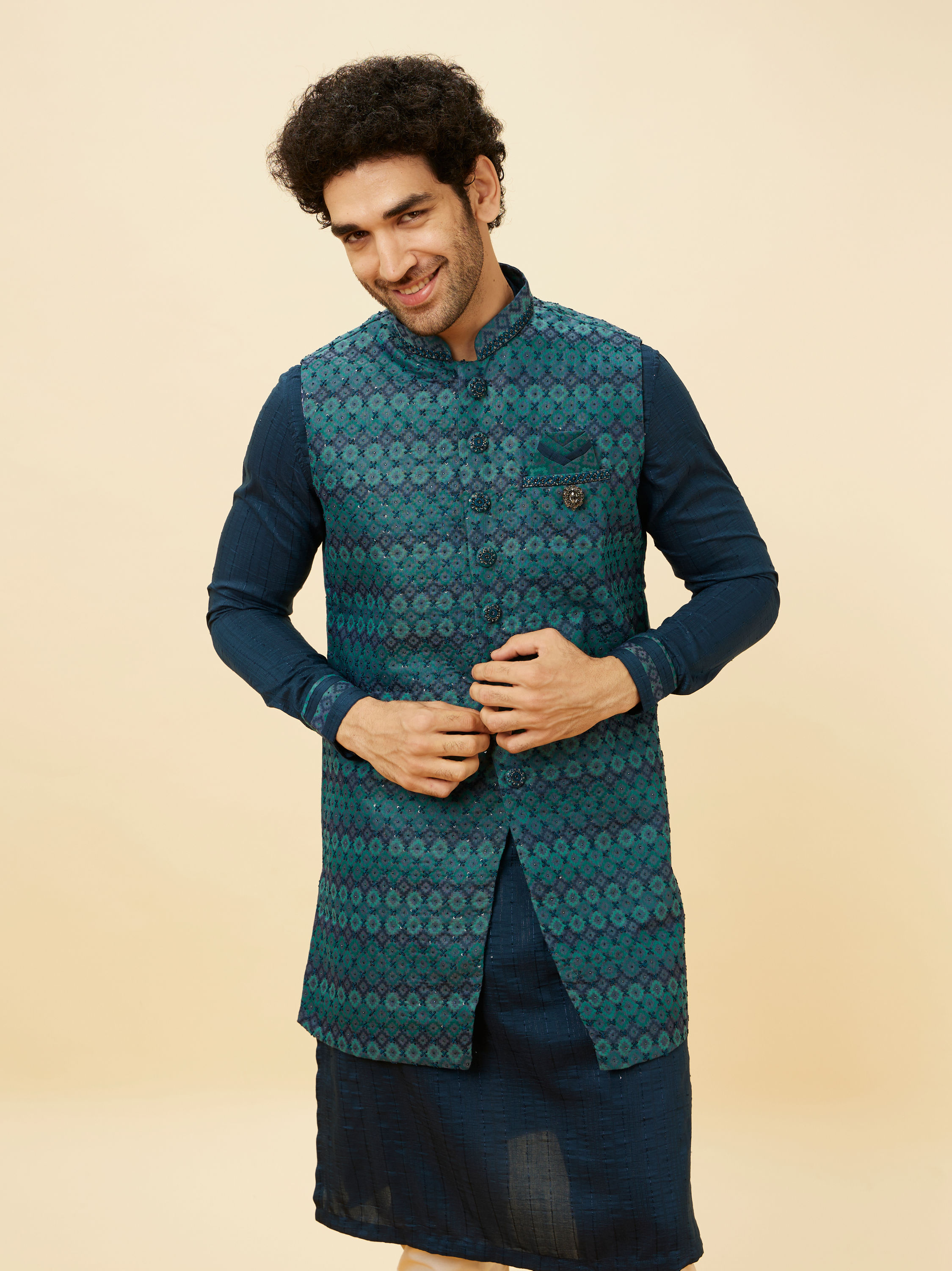 Manyavar Men Teal Blue Luxe Kurta Jacket Set