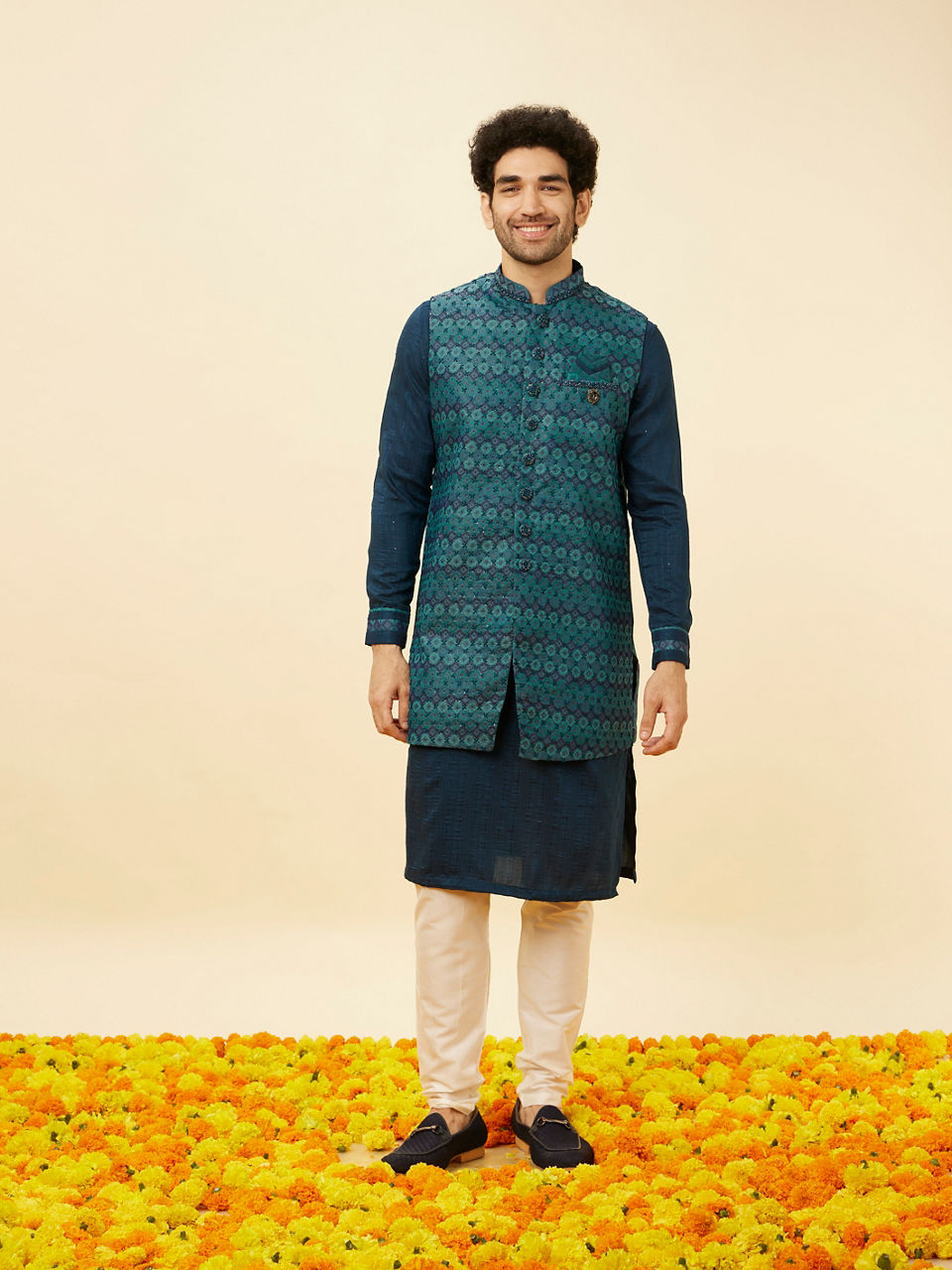 Manyavar Men Teal Blue Luxe Kurta Jacket Set
