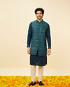 Manyavar Men Teal Blue Luxe Kurta Jacket Set