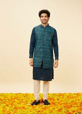 Manyavar Men Teal Blue Luxe Kurta Jacket Set image number 3