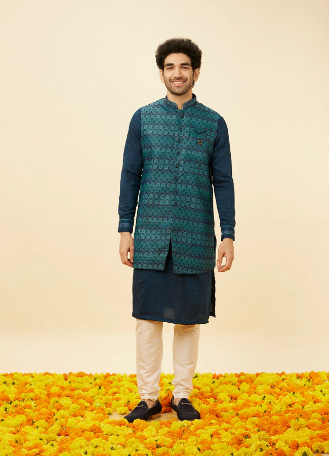 Manyavar Men Teal Blue Luxe Kurta Jacket Set