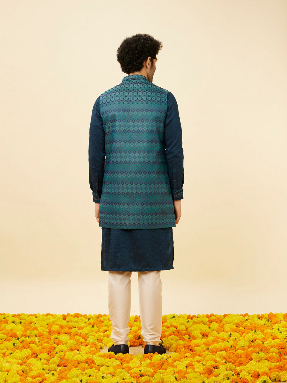 Manyavar Men Teal Blue Luxe Kurta Jacket Set