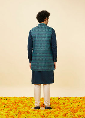 Manyavar Men Teal Blue Luxe Kurta Jacket Set image number 4