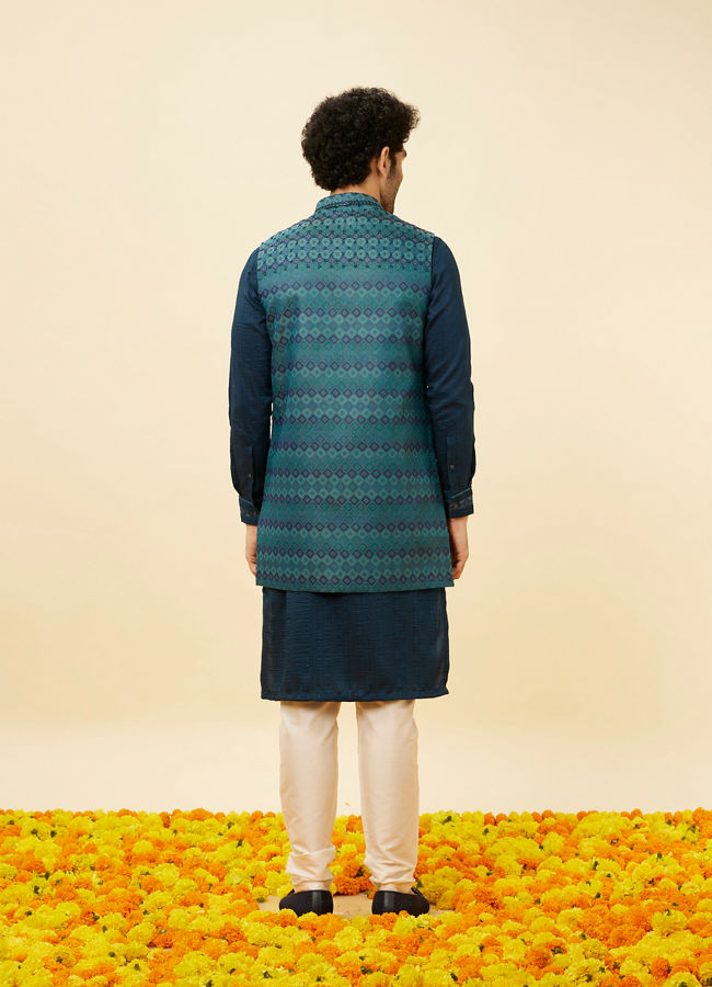 Manyavar Men Teal Blue Luxe Kurta Jacket Set