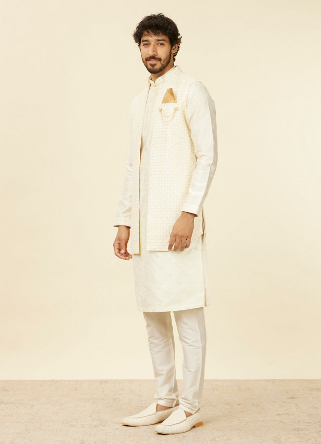 Manyavar Men Soft Cream Self Patterned Kurta Jacket Set