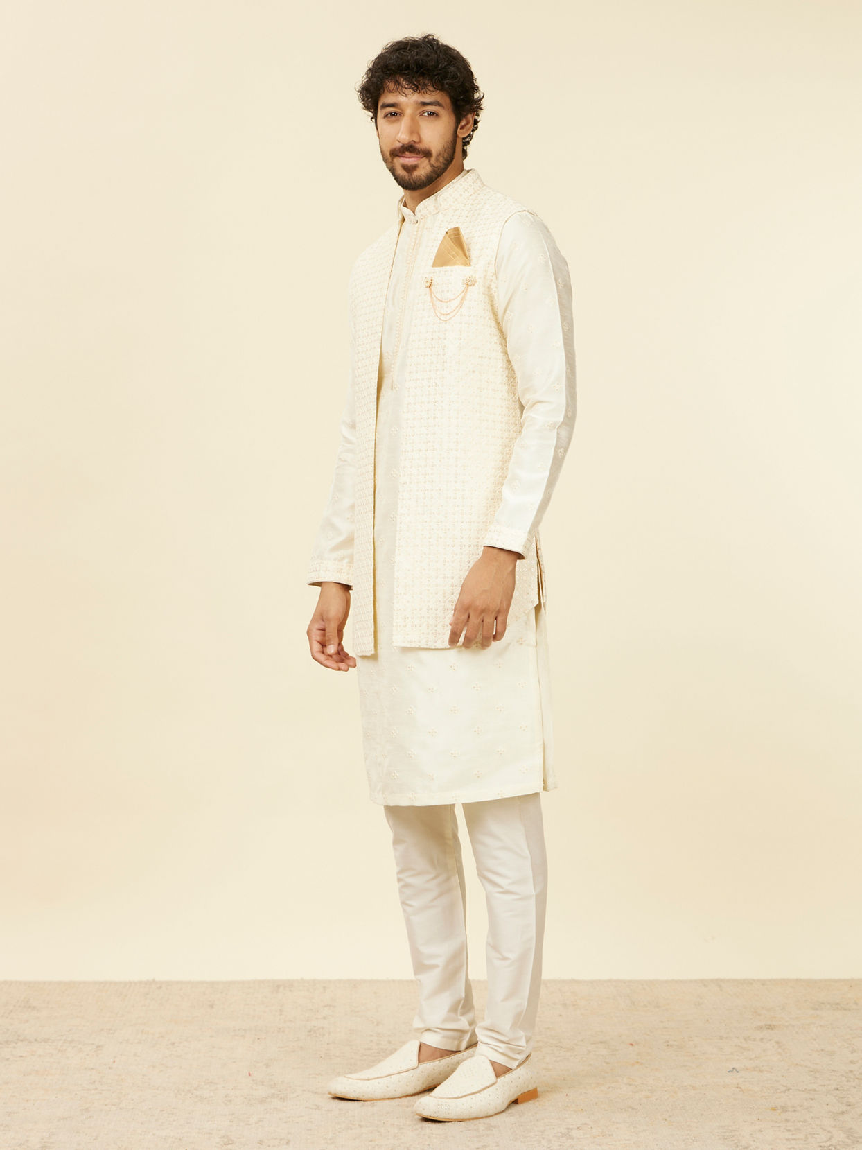 Manyavar Men Soft Cream Self Patterned Kurta Jacket Set