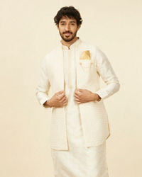 Manyavar Men Soft Cream Self Patterned Kurta Jacket Set