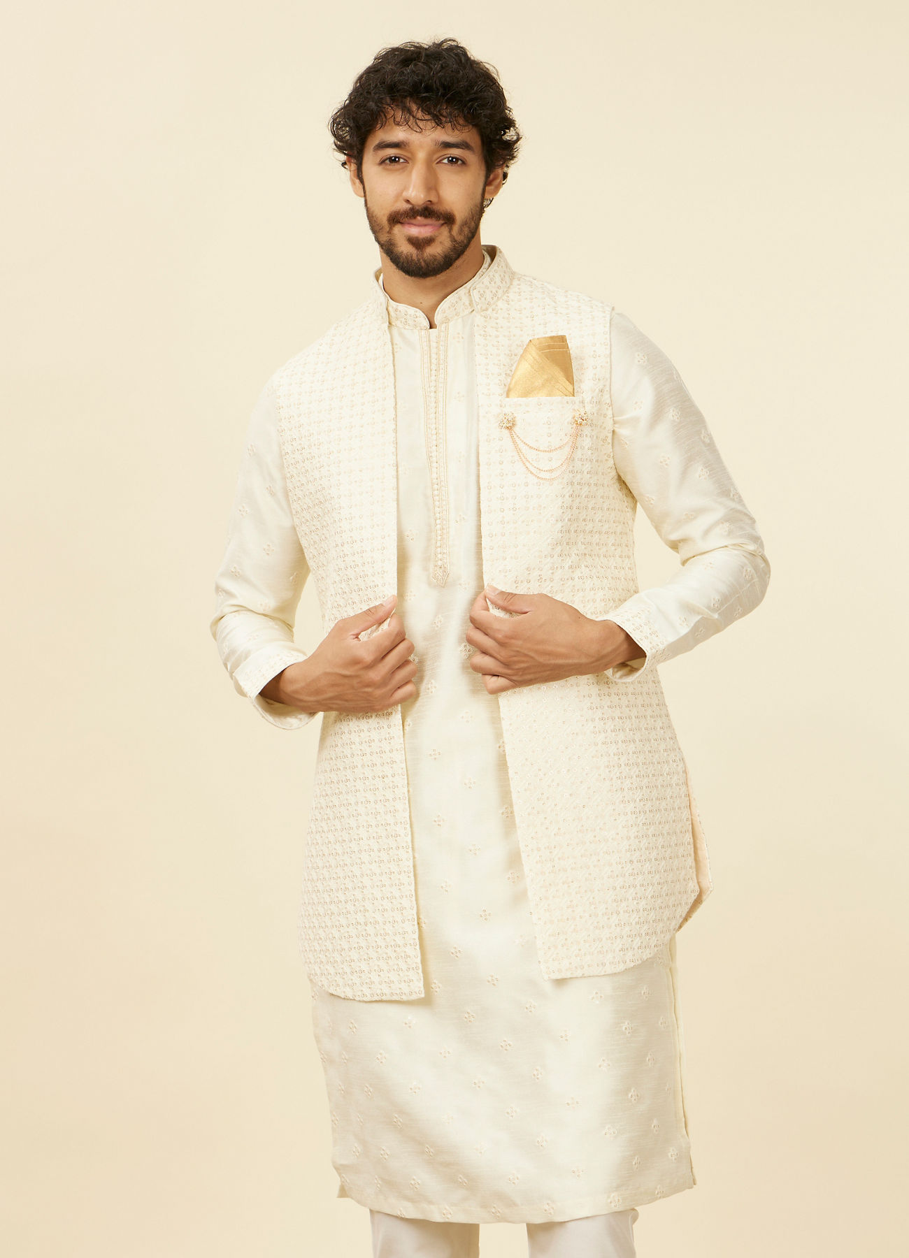 Manyavar Men Soft Cream Self Patterned Kurta Jacket Set