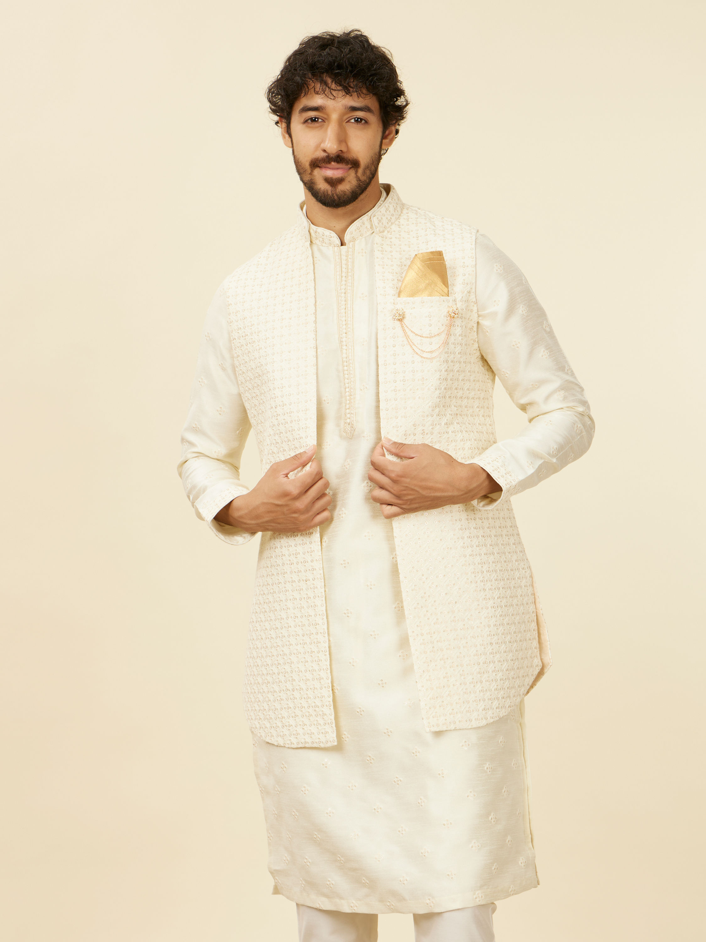 Manyavar Men Soft Cream Self Patterned Kurta Jacket Set