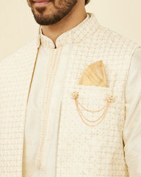 Manyavar Men Soft Cream Self Patterned Kurta Jacket Set