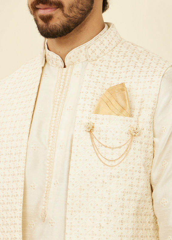 Manyavar Men Soft Cream Self Patterned Kurta Jacket Set