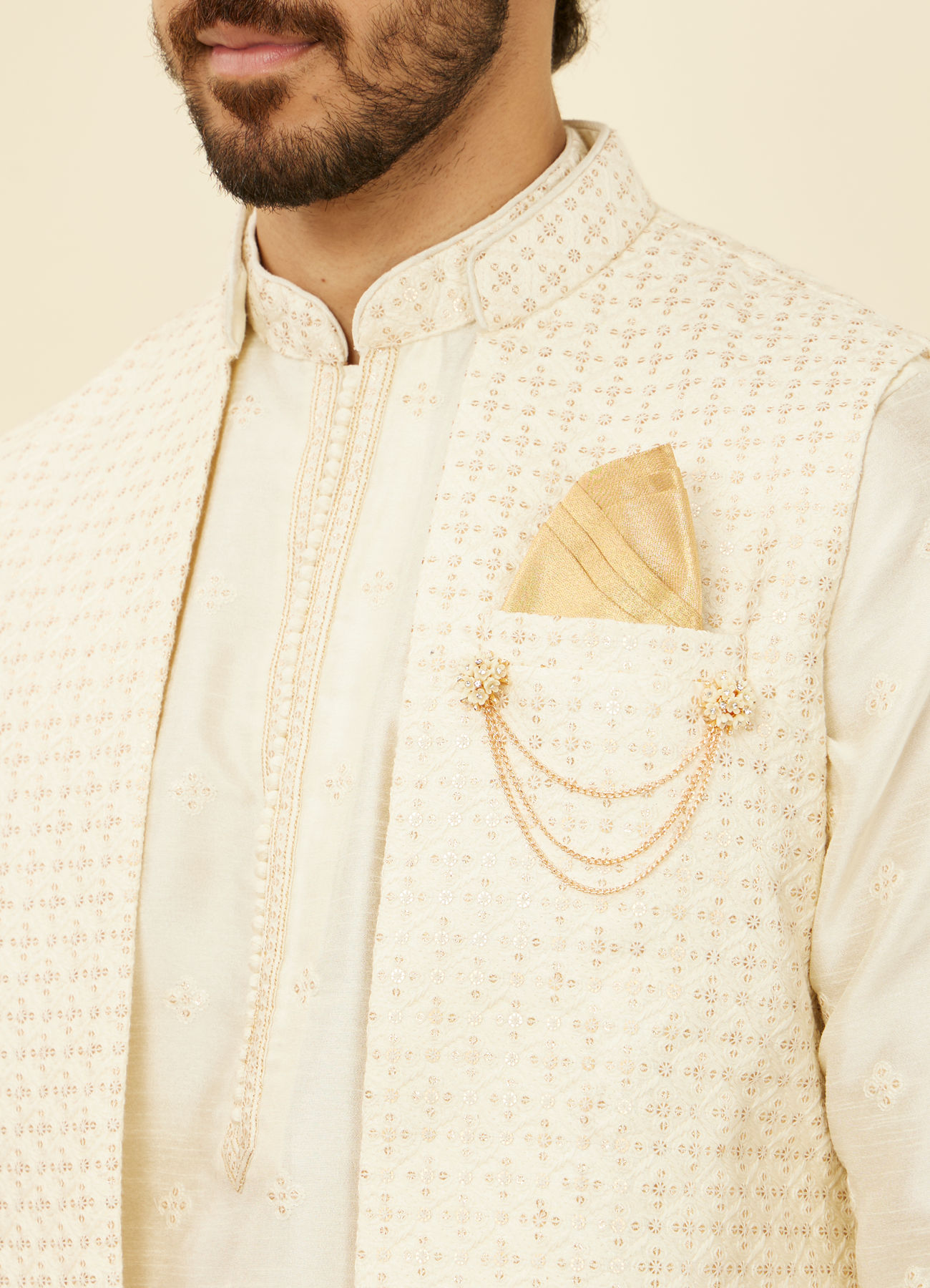 Manyavar Men Soft Cream Self Patterned Kurta Jacket Set