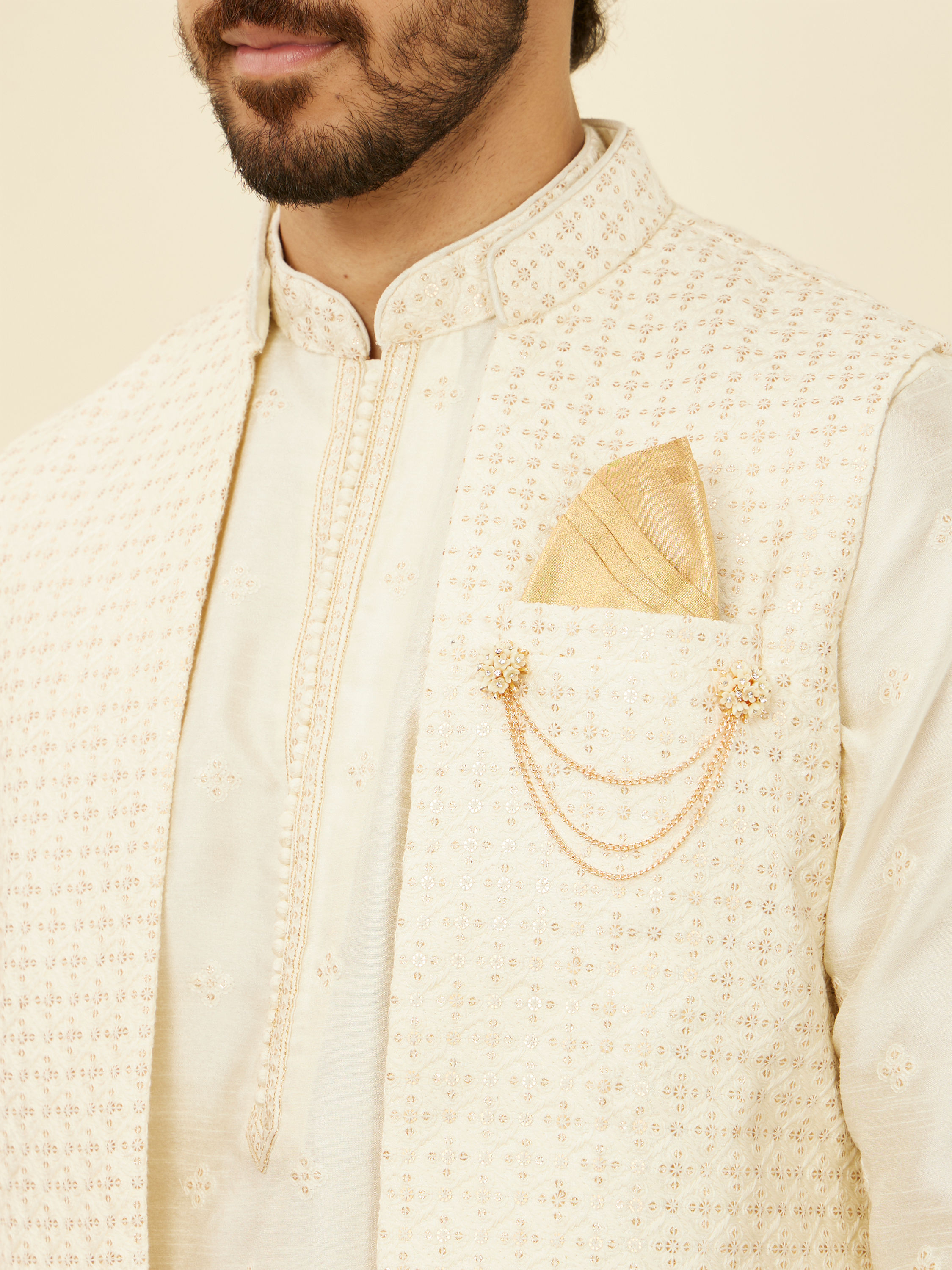 Manyavar Men Soft Cream Self Patterned Kurta Jacket Set