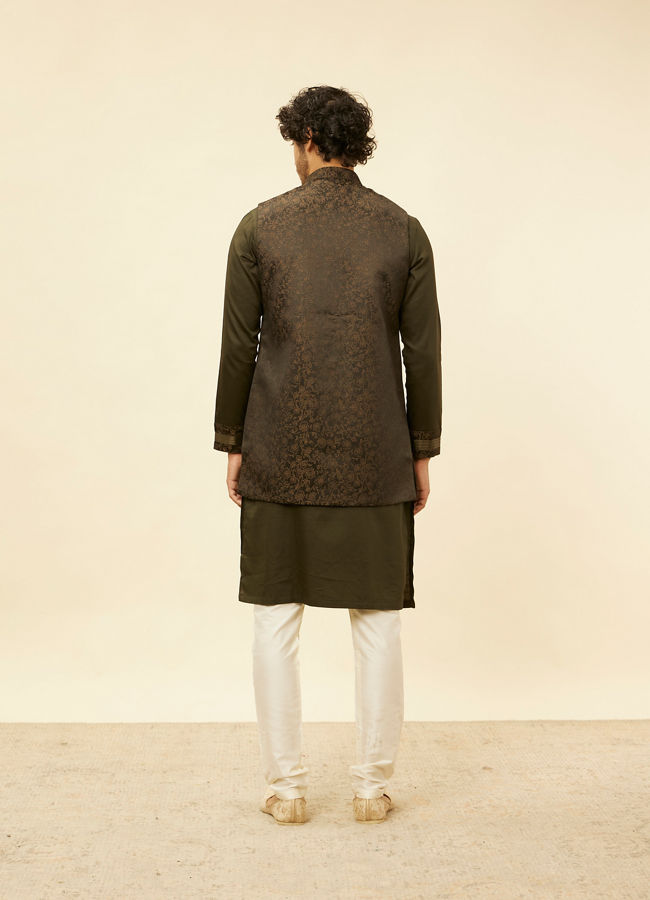Manyavar Men Olive Green Bel Buti Patterned Kurta Jacket Set