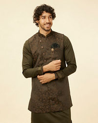 Manyavar Men Olive Green Bel Buti Patterned Kurta Jacket Set