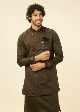 alt message - Manyavar Men Olive Green Bel Buti Patterned Kurta Jacket Set image number 0