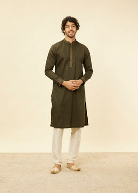 alt message - Manyavar Men Olive Green Bel Buti Patterned Kurta Jacket Set image number 2