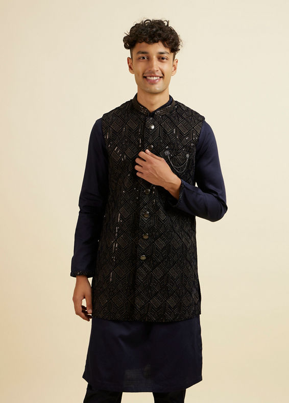 Manyavar Men Dark Blue Sequinned Jaal Patterned Jacket Set
