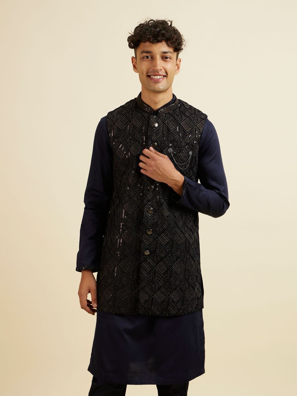 Manyavar Men Dark Blue Sequinned Jaal Patterned Jacket Set
