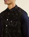 Manyavar Men Dark Blue Sequinned Jaal Patterned Jacket Set
