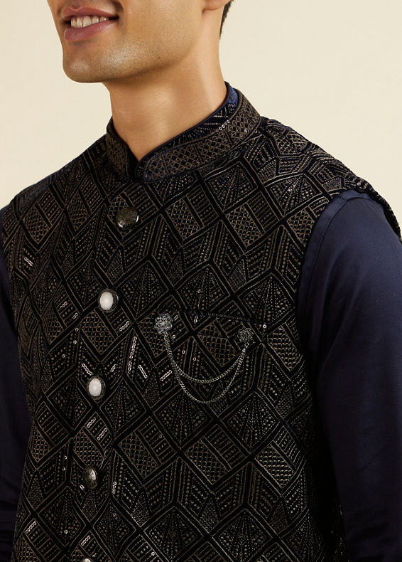 Manyavar Men Dark Blue Sequinned Jaal Patterned Jacket Set
